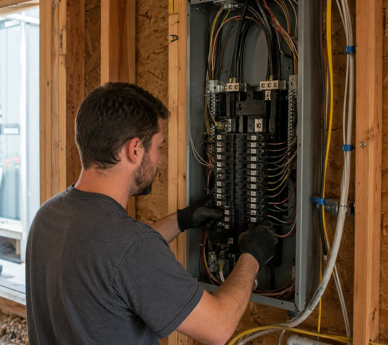 Electricians checking Electrical for New Construction circuits inside a Greater Seattle - WA mixed-use building