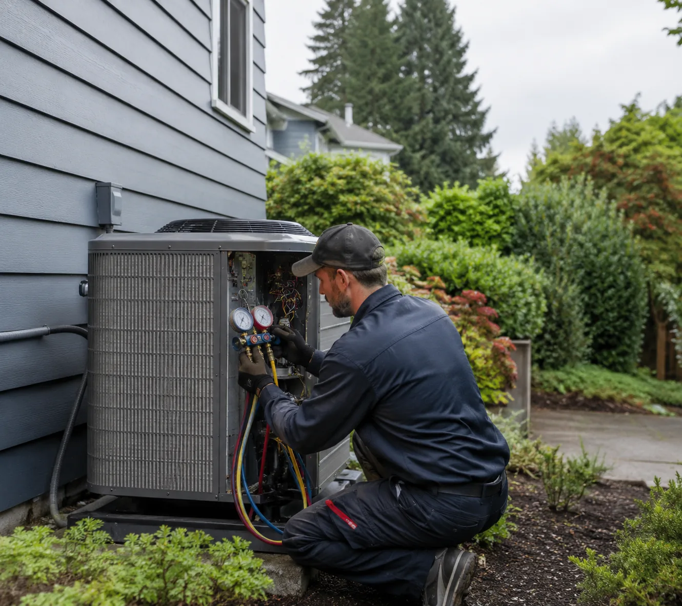 Technician performing Planned Maintenance Program tasks on HVAC equipment inside a Greater Seattle - WA utility area