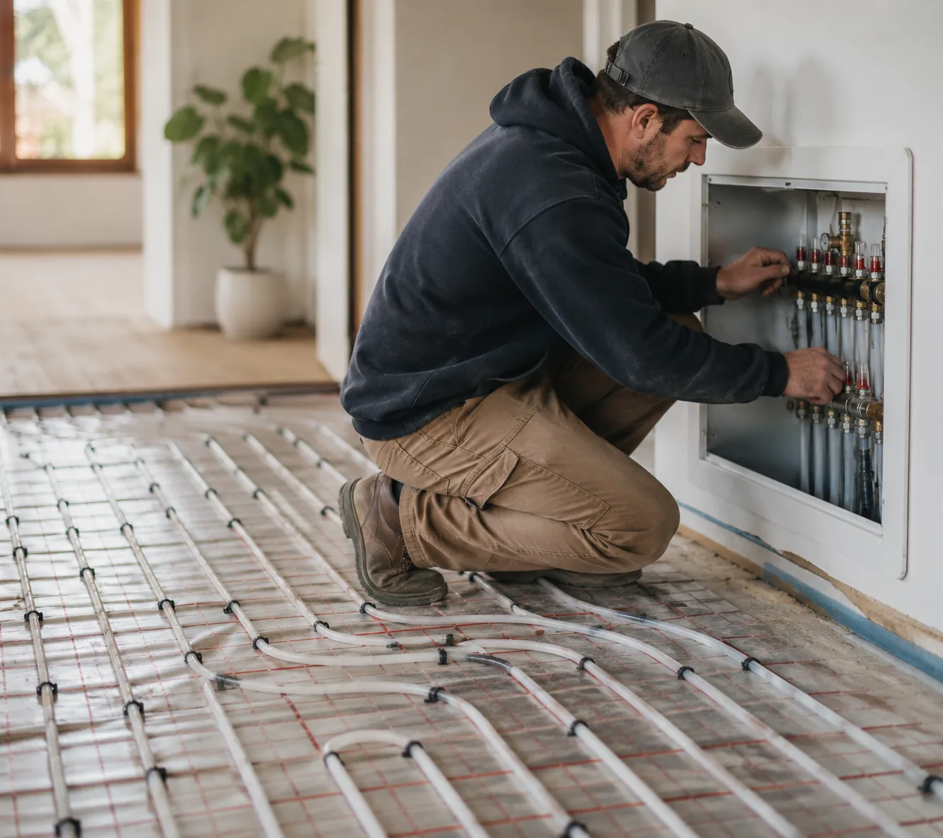Technician testing Radiant Floor Heating controls inside a Greater Seattle - WA home during a remodel