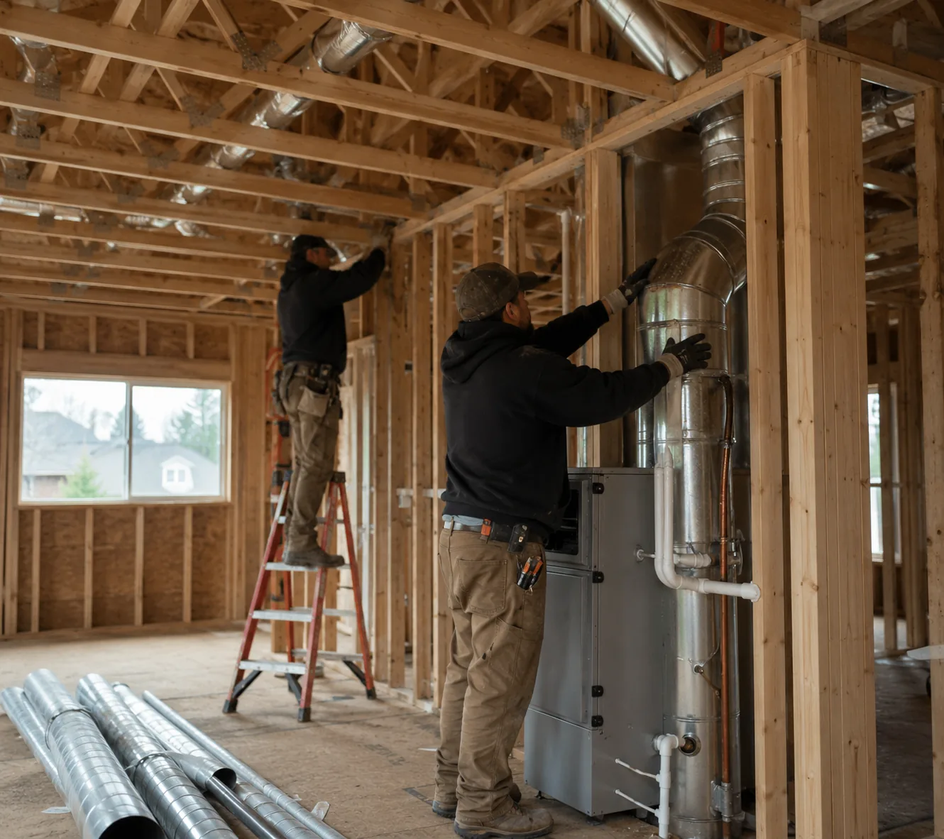 Heating for New Construction in Greater Seattle - WA being installed as ductwork is fitted between framed joists