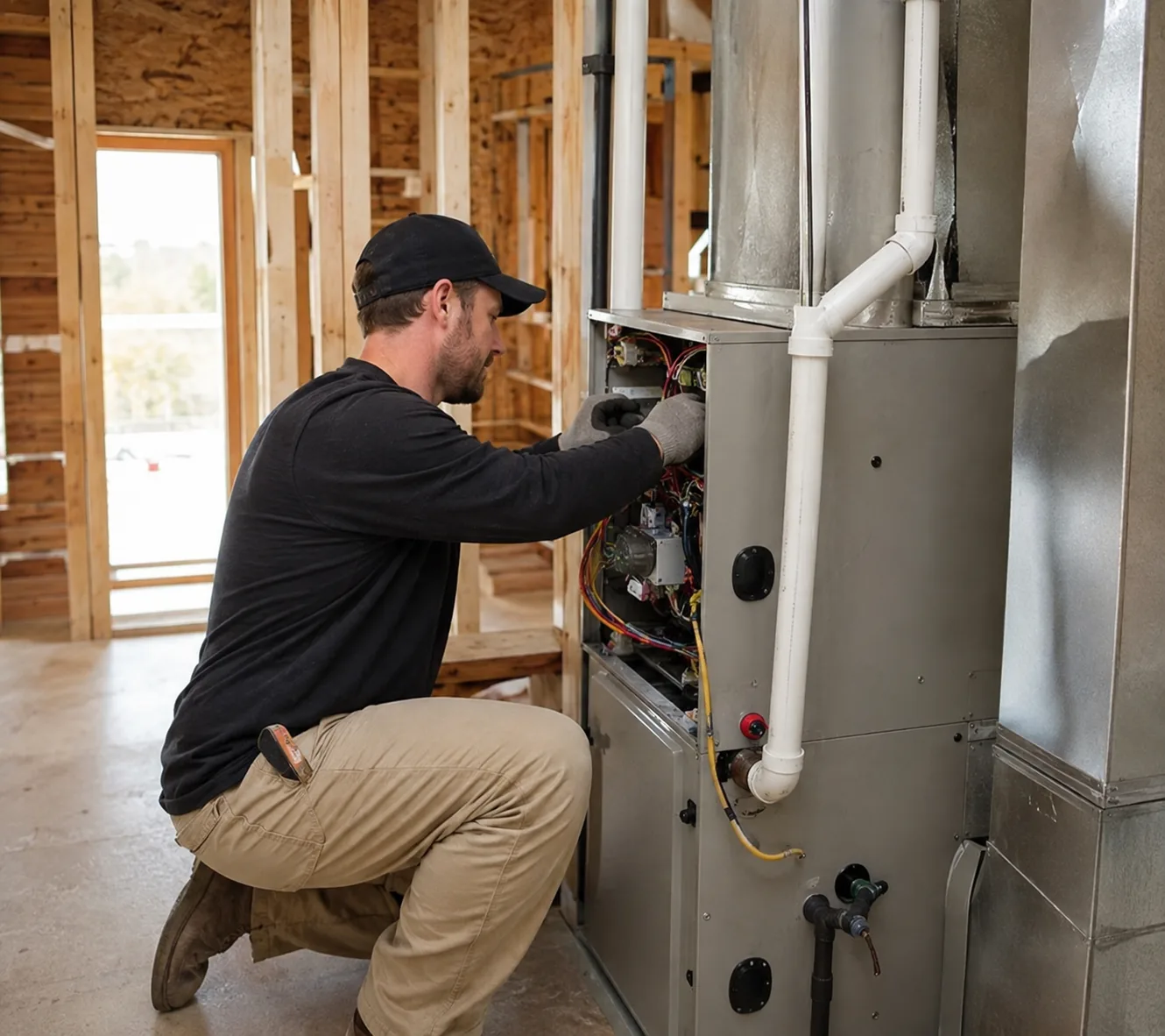 Installer reviewing Heating for New Construction plans inside a Greater Seattle - WA framed home