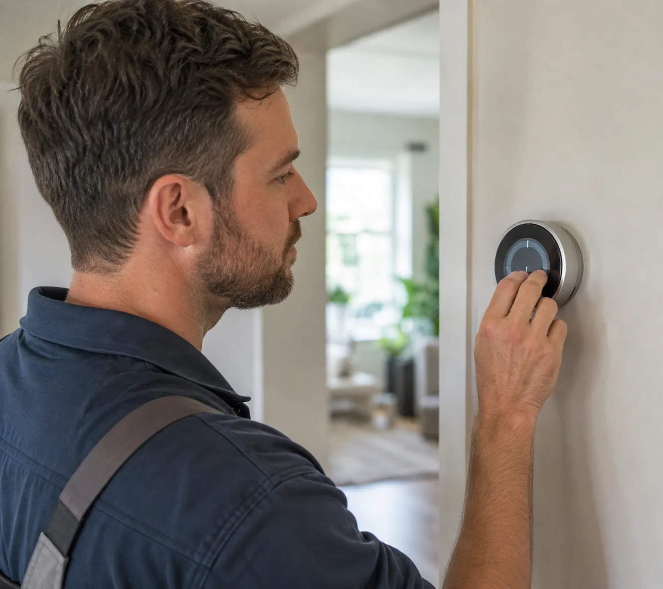 Homeowner adjusting smart thermostats while monitoring indoor comfort in a Greater Seattle - WA living room