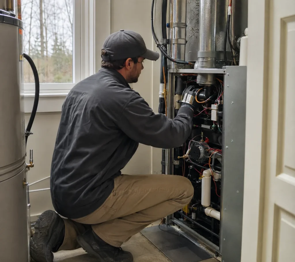 Heating in Seattle - WA technician inspecting a furnace cabinet during an urgent service visit, Heating in Everett - WA technician testing furnace components during a residential cold-weather service call