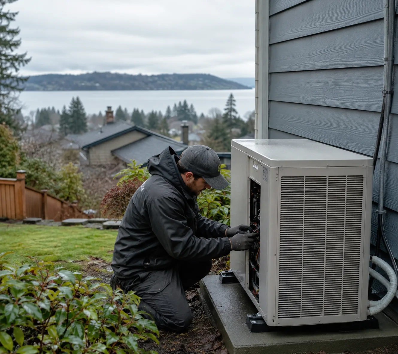 Technician repairing heating equipment in a Seattle - WA basement during a cold morning call, Heating technician measuring airflow inside an Everett - WA home during a furnace performance check