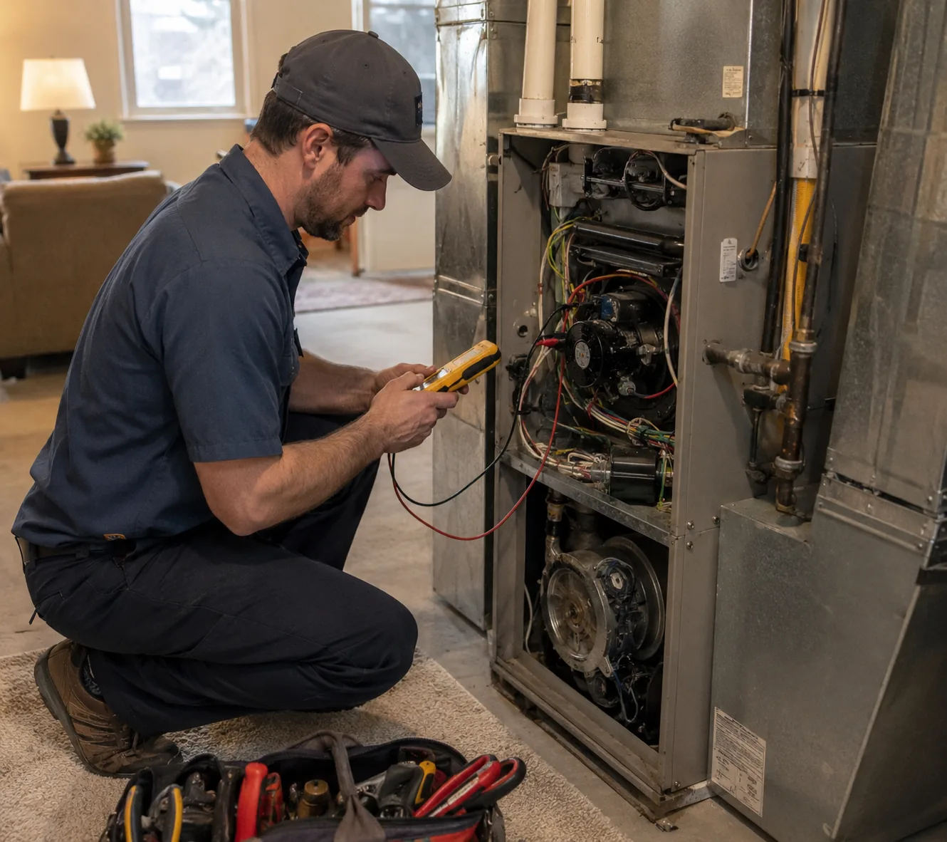 Heating in Bellevue - WA technician testing airflow at a residential furnace during a service call, Heating in Marysville - WA technician checking furnace airflow at a home's hallway vent