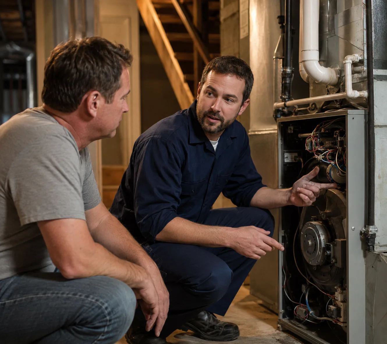 Heating in Bellevue - WA technician testing airflow at a residential furnace during a service call, Heating specialist testing furnace output in a Marysville - WA utility room during diagnosis