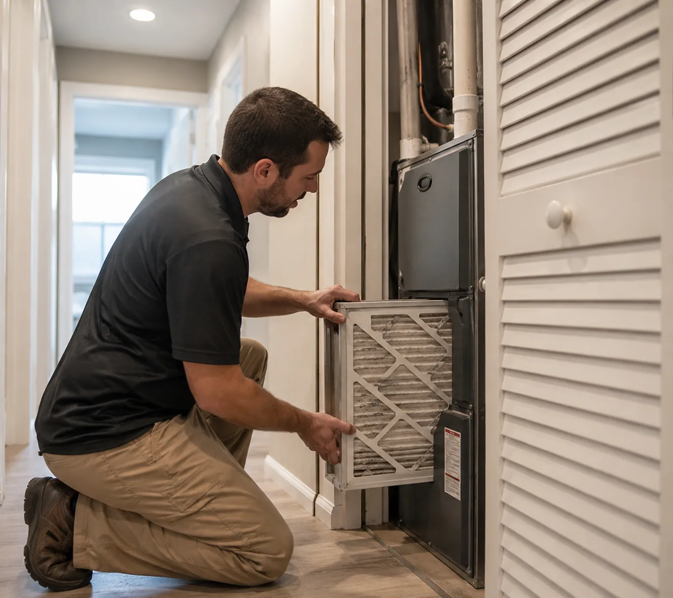 Heating in Kent - WA technician inspecting a furnace panel in a residential utility area, Heating in Edmonds - WA technician inspecting a furnace cabinet during a residential service visit