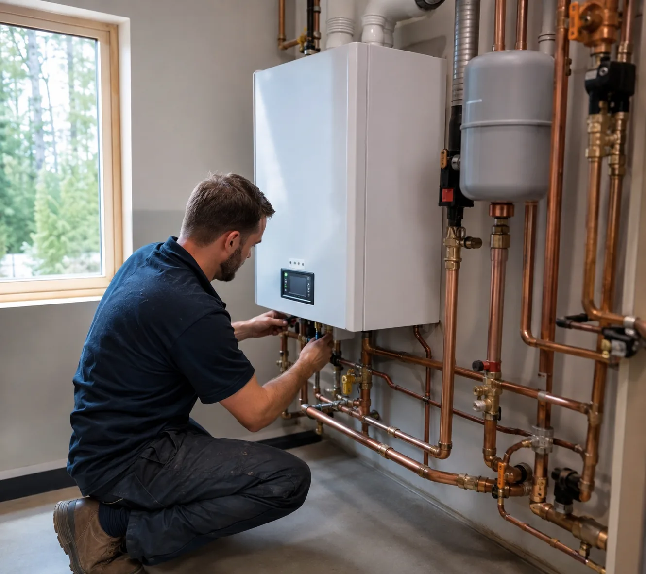 Technician adjusting heating controls inside a Kent - WA home during a cold-weather service visit, Heating technician testing airflow in an Edmonds - WA home near the furnace return