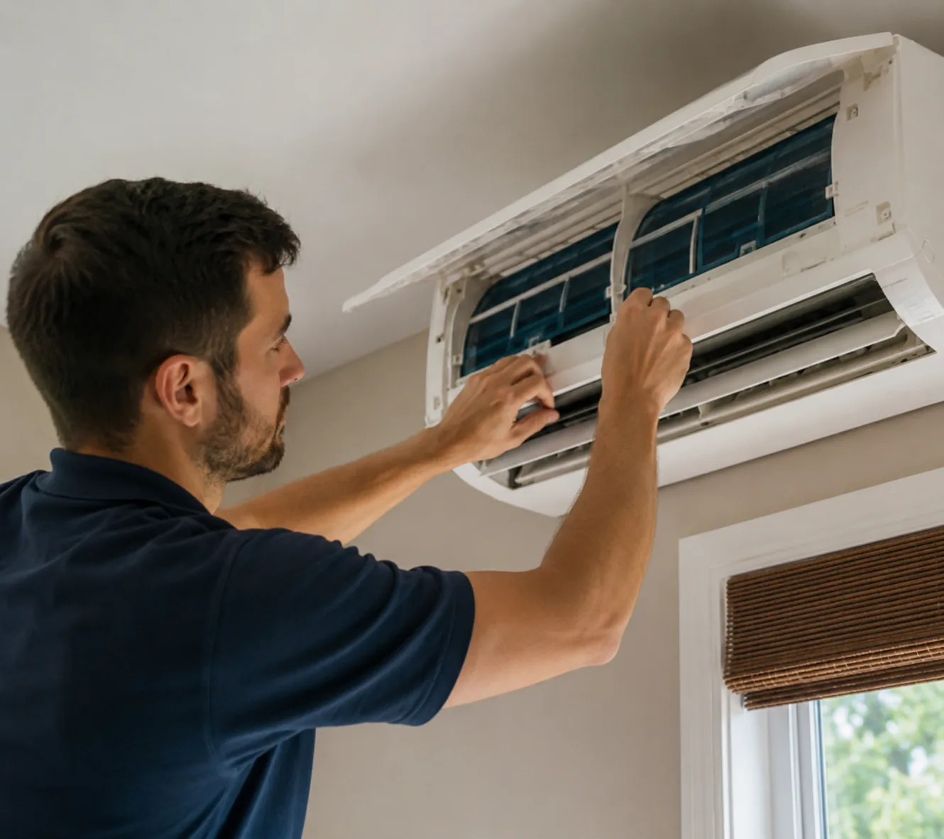 Heating technician diagnosing furnace controls inside a Renton - WA utility room during a service call, Heating technician inspecting duct connections in a Lynnwood - WA utility room during diagnosis