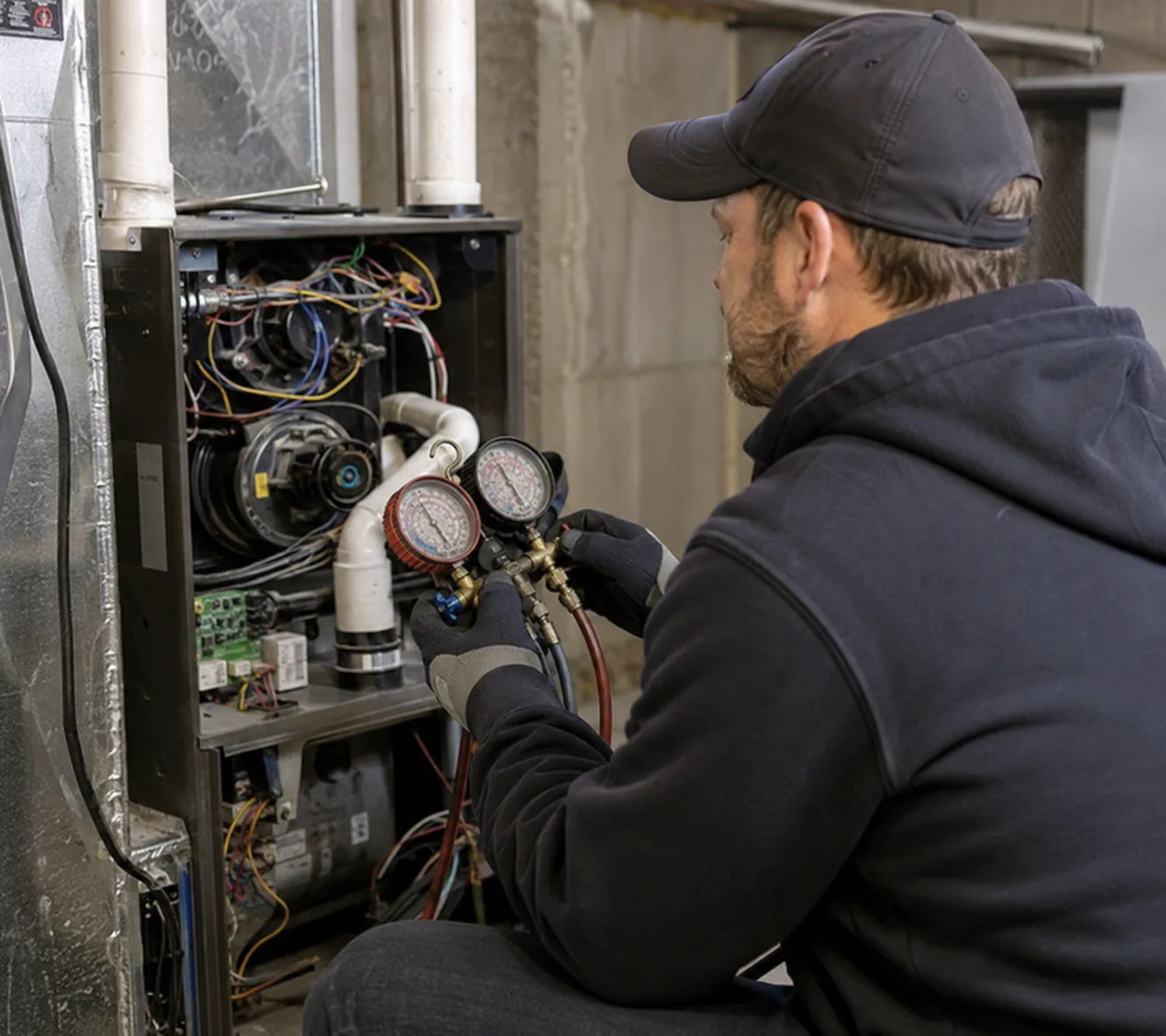 Heating specialist testing furnace safety controls in a Federal Way - WA garage utility area, Heating specialist measuring supply temperature in an Arlington - WA home during furnace diagnosis