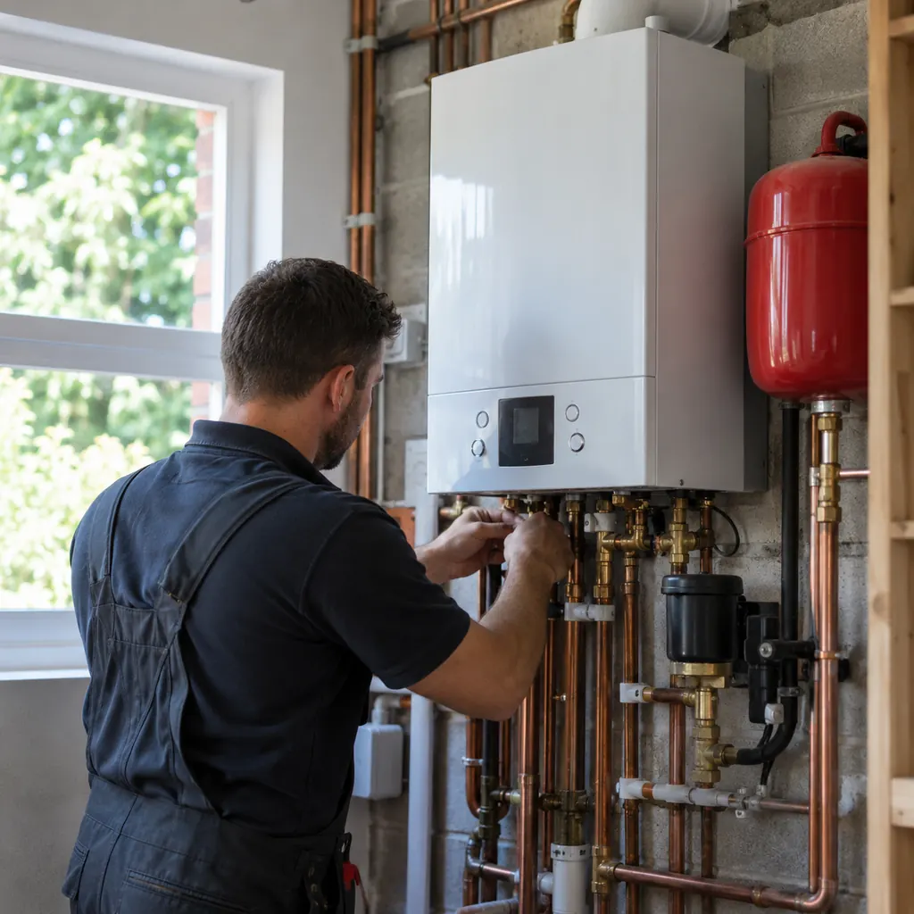Boilers in Seattle - WA being inspected by a technician checking pressure and system controls, Heating technician adjusting Boilers controls in an Edmonds - WA home during a detailed system check