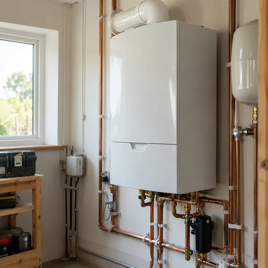 Boilers in Bellevue - WA being serviced by a technician checking gauges and circulation components, Technician testing Boilers performance in a Lynnwood - WA utility area during a heating evaluation