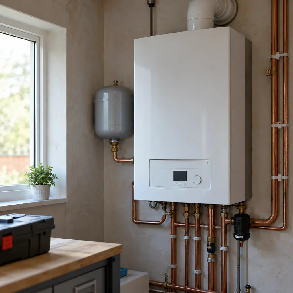 Technician servicing Boilers inside a Seattle - WA basement mechanical room during a winter heating check, Boilers in Renton - WA being serviced as a technician checks gauges and piping connections