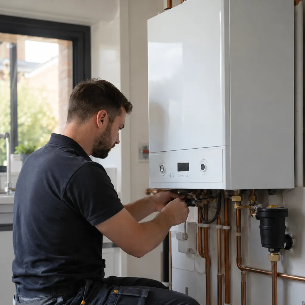 Technician servicing Boilers beside piping in a Kent - WA basement mechanical area, Boilers in Everett - WA being checked as a technician tests gauges near a home heating unit