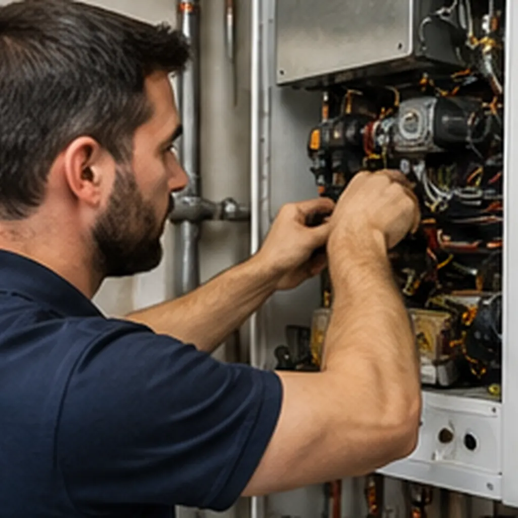 Technician adjusting Boilers controls in a Renton - WA utility room during a heating check, Boilers in Marysville - WA being inspected as a technician checks valves beside a residential heating unit