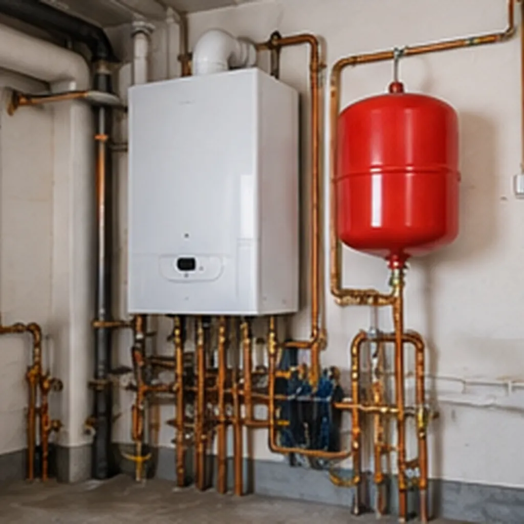 Technician servicing Boilers beside piping in a Federal Way - WA home mechanical room, Boilers in Edmonds - WA being serviced as a technician checks gauges in a basement utility room