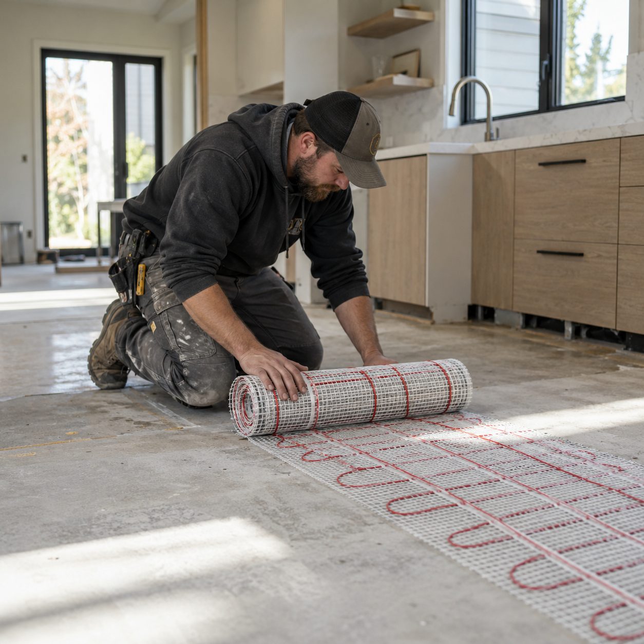 Radiant Flooring in Greater Seattle - WA being installed as a technician secures heating elements beneath tile