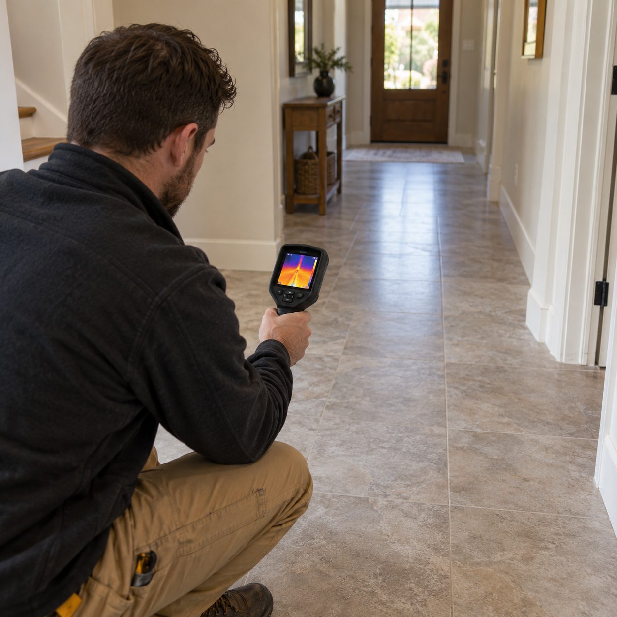 Installer testing Radiant Flooring controls inside a Greater Seattle - WA bathroom renovation before tile placement