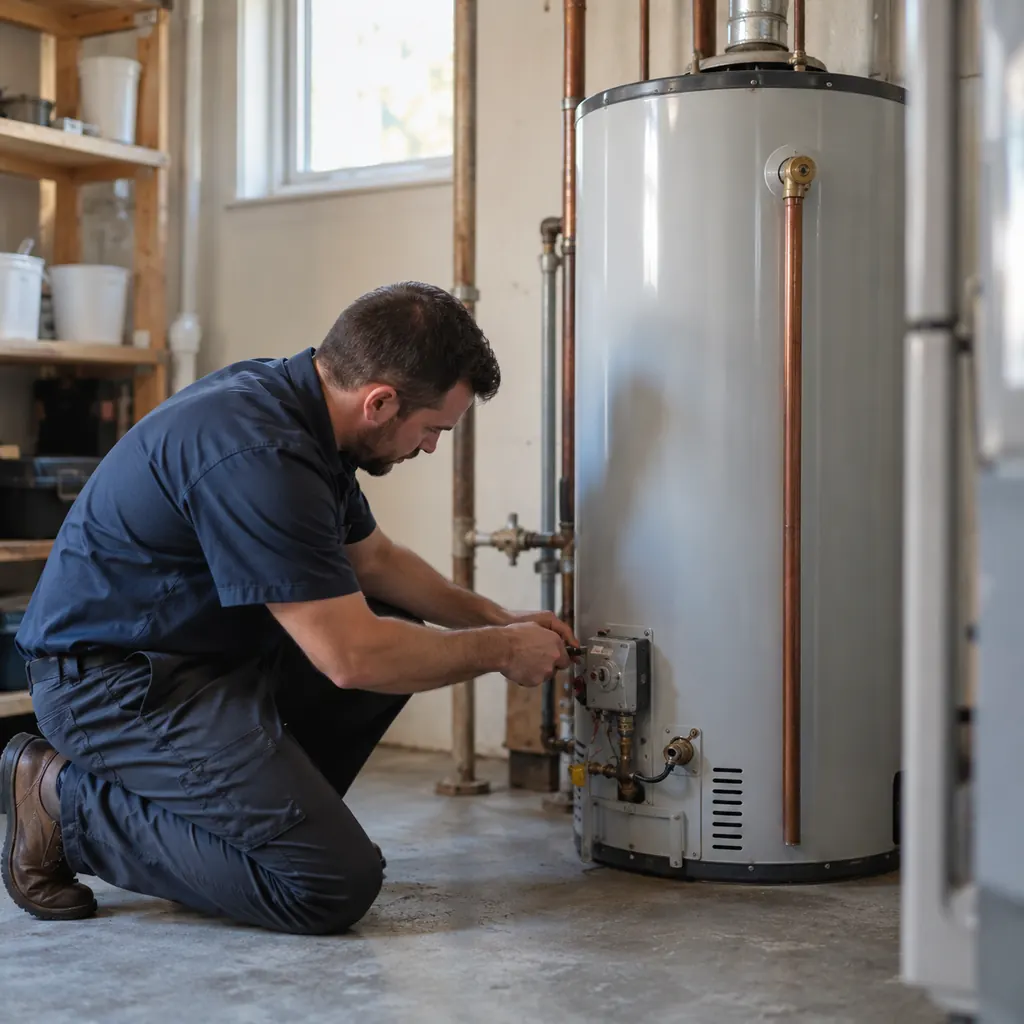 Water Heaters in Seattle - WA being serviced in a basement utility room by a technician, Technician inspecting Water Heaters components inside an Edmonds - WA home mechanical room