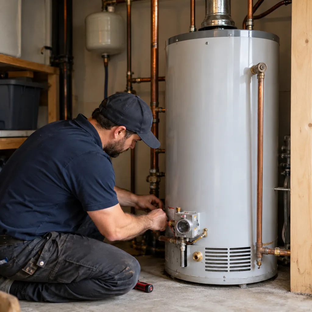 Water Heaters in Bellevue - WA being inspected beside a garage utility wall by a technician, Technician testing Water Heaters performance inside a Lynnwood - WA home's utility room
