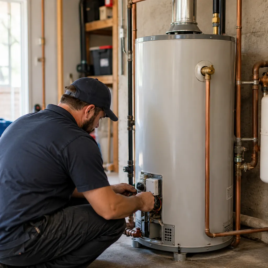 Water Heaters in Kent - WA being inspected in a garage utility area by a technician, Technician inspecting Water Heaters inside an Arlington - WA utility room for temperature and safety issues