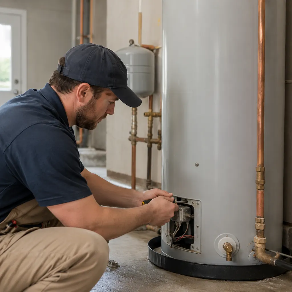 Technician inspecting Water Heaters inside a Seattle - WA utility area with testing tools, Water Heaters in Renton - WA being serviced beside a residential tank in a utility room