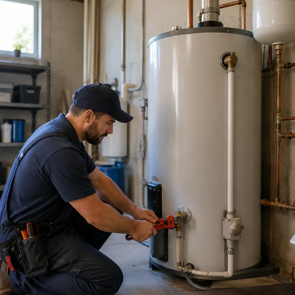 Technician servicing Water Heaters inside a Kent - WA utility room with diagnostic tools, Water Heaters in Everett - WA being checked beside a utility wall before replacement planning