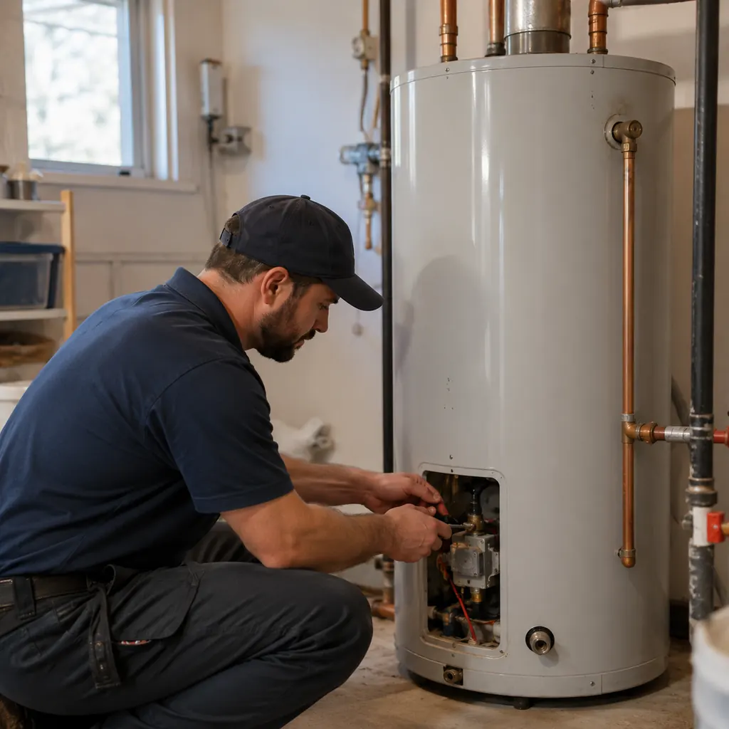 Technician checking Water Heaters performance inside a Renton - WA basement mechanical space, Water Heaters in Marysville - WA being inspected in a garage utility area during service visit
